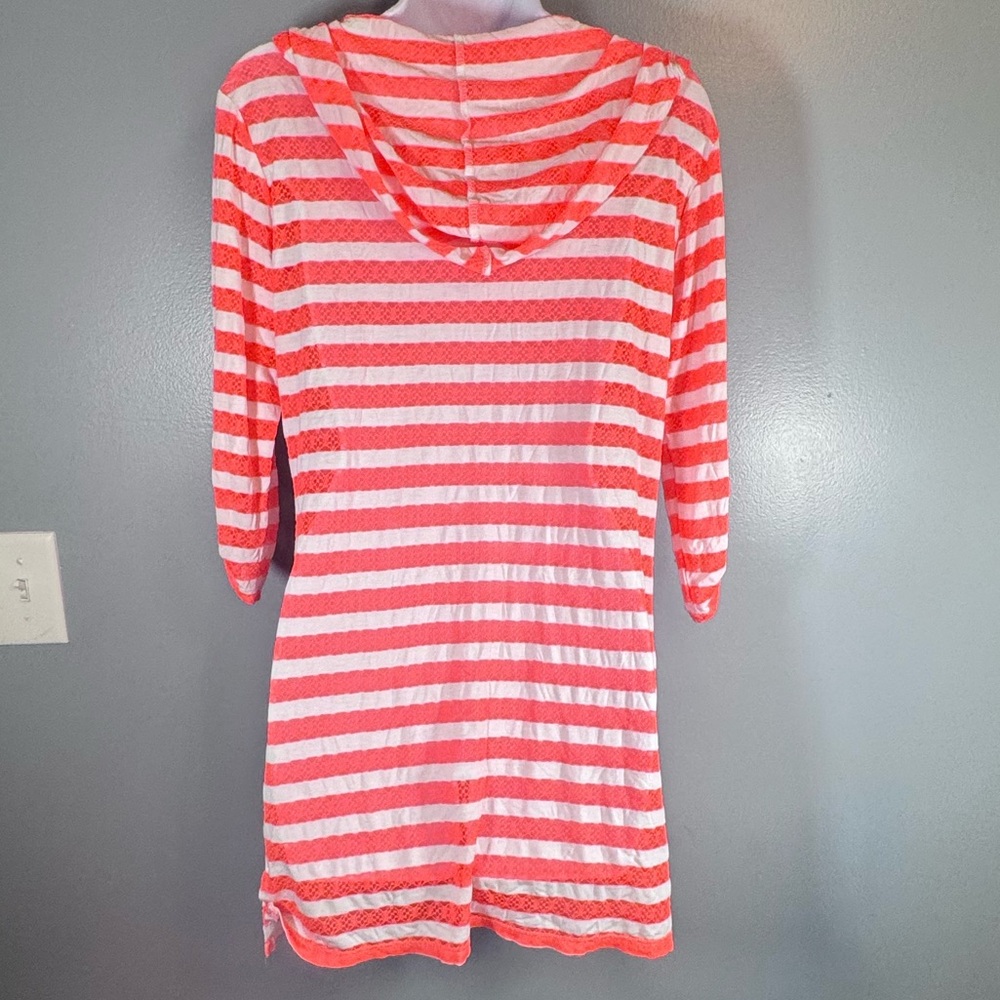 Balance Cover-Up Collection Neon Coral Stripe Hooded Swim Cover Up Tunic Medium - Picture 4 of 12